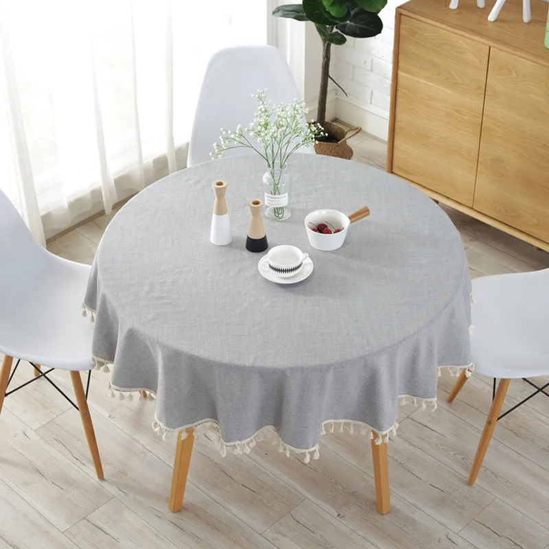 

Table Cloth Round Gray Solid with Lace Simple Table Cover Modern Style Linen Farmhouse Heat Resistant Tablecloth Diameter 150cm