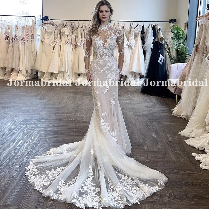 

Long Sleeve Mermaid Wedding Dress with Illusion High Neck Romantic Floral Appliqués Fall Champagne Bridal Gowns Chapel Train