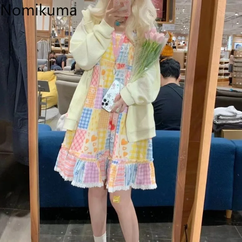 2024 Vestidos De Mujer Cute Woman Dress Bandage Patchwork Lace Contrast Color Plaid Robe Femme Loose Summer Dresses