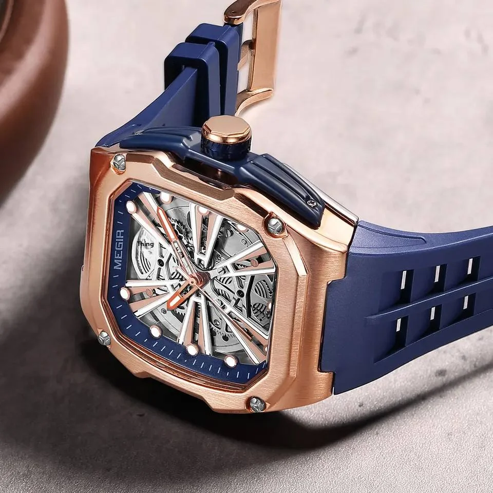Men Mechanical Automatic Watches 7 Brand Days Relogio Masculino Megir 8607 Skeleton Reloj Hombre Tonneau Wristwatch Montre Homme