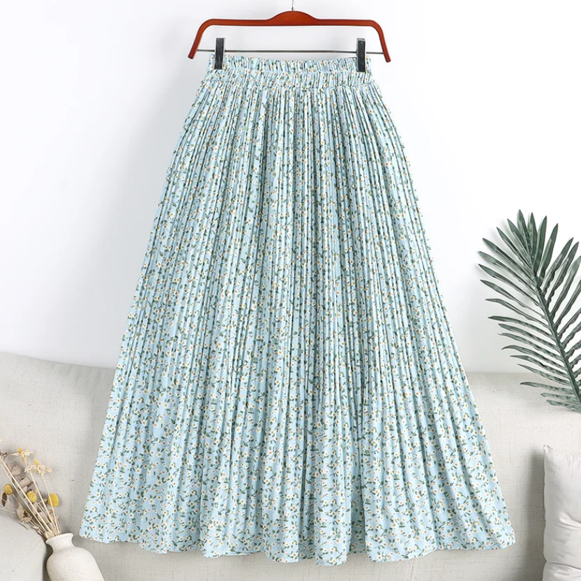 

New Spring Summer Chiffon Pleated Skirts Womens High Waist Sweet Floral Print Elegant Midi Skirt A-line Skirt Faldas Jupe