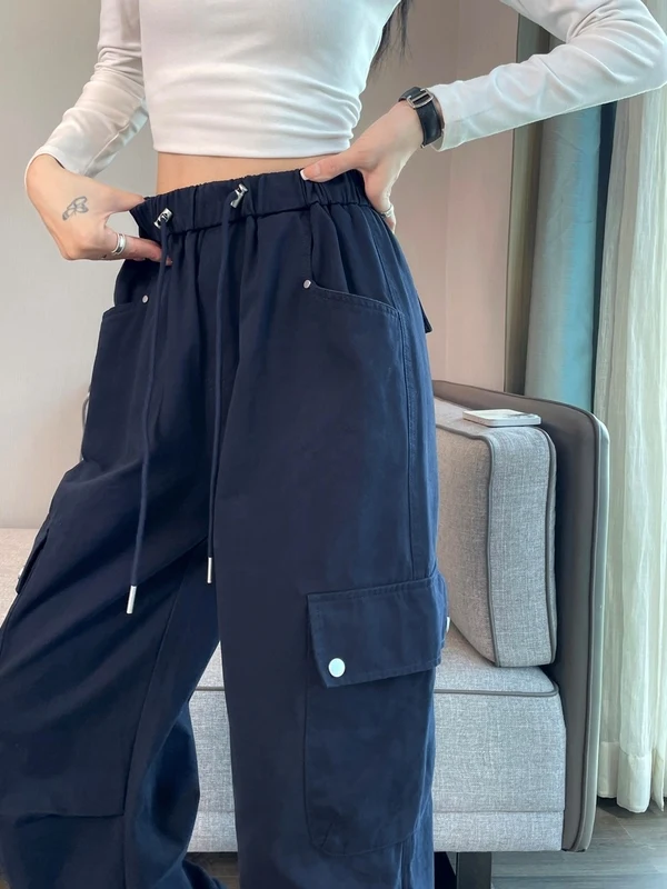 Authentic 2026 Autumn New Style Women's Workwear Pants Wide Leg Cuffed Sports Trousers Casual High Waist Cotton Ladies Pants