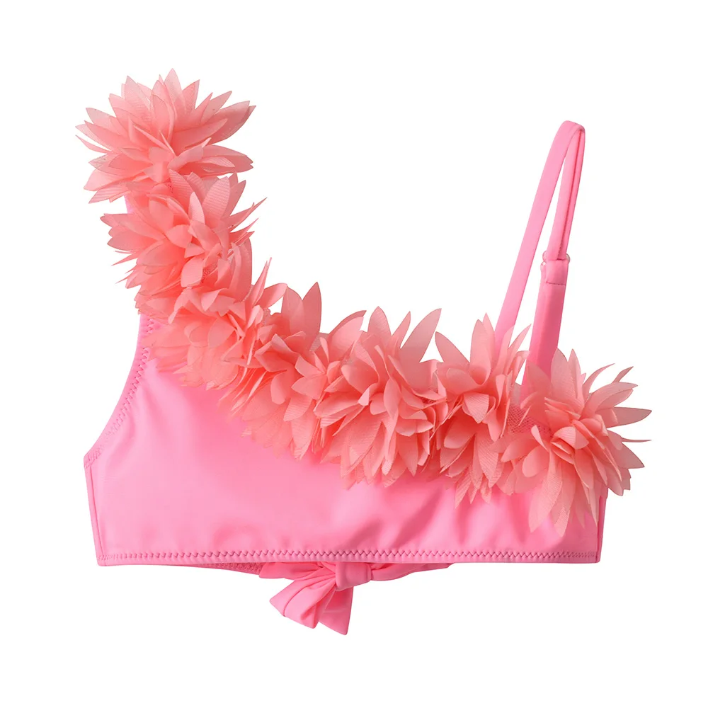 Girls Pink Floral Bikini Sets Kids One Shoulder Tulle Cute Swimsuit 2 Pcs Toddlers Summer Beach Vacation Party Stylish Swimwear