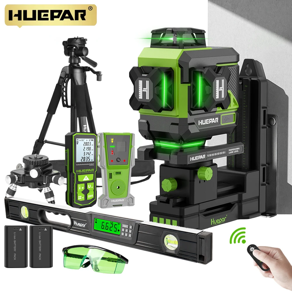 Image of Huepar Z04CG 4D 16-Linien Selbstnivellierender Kreuzlinien-Laser mit LCD, Bluetooth-Fernbedienung, Osram Grünem Strahl, 2x Li-Ionen-Akkus