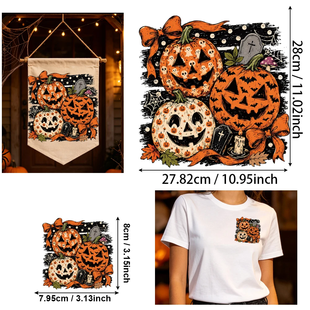 2Pcs Vintage Stacked Pumpkin Iron-on Transfers, Vinyl Heat Transfer, Washable & Wear-resistant, Ideal for Apparel DIY