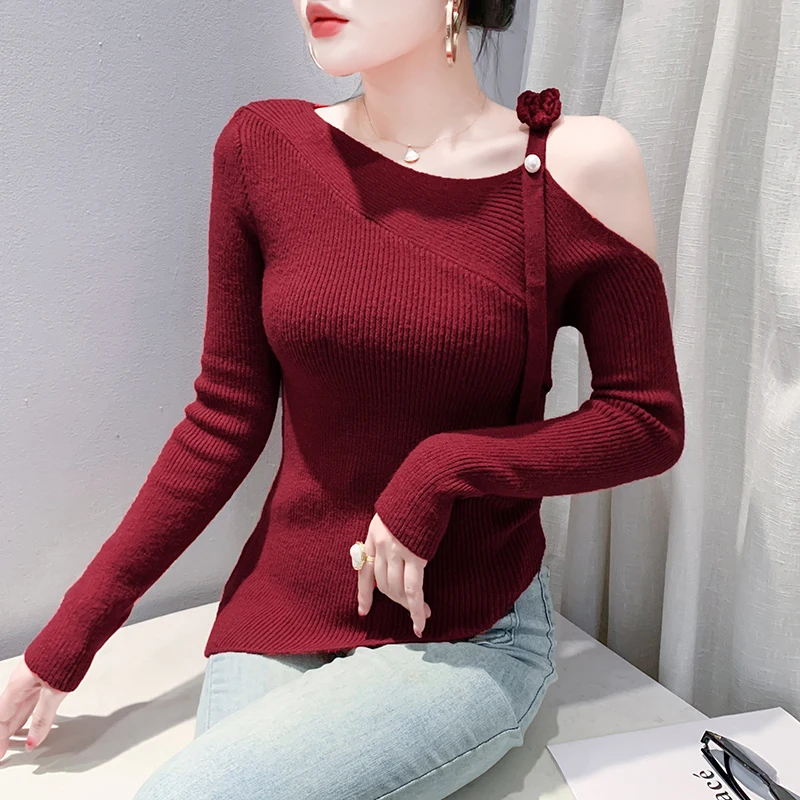 2025,New,European,Clothes,Fall,Winter,Knitted,Turtleneck,Sweater,Chic,Sexy,Skew Collar,Off Shoulder,Women,Long Sleeve,Tops,41113