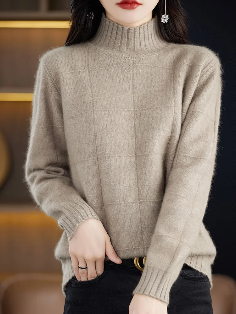 100% Mink Cashmere Sweater Women's Semi-Turtleneck Thicken Knit Pullover Casual Jacquard Check Tops New Autumn Large size Blouse