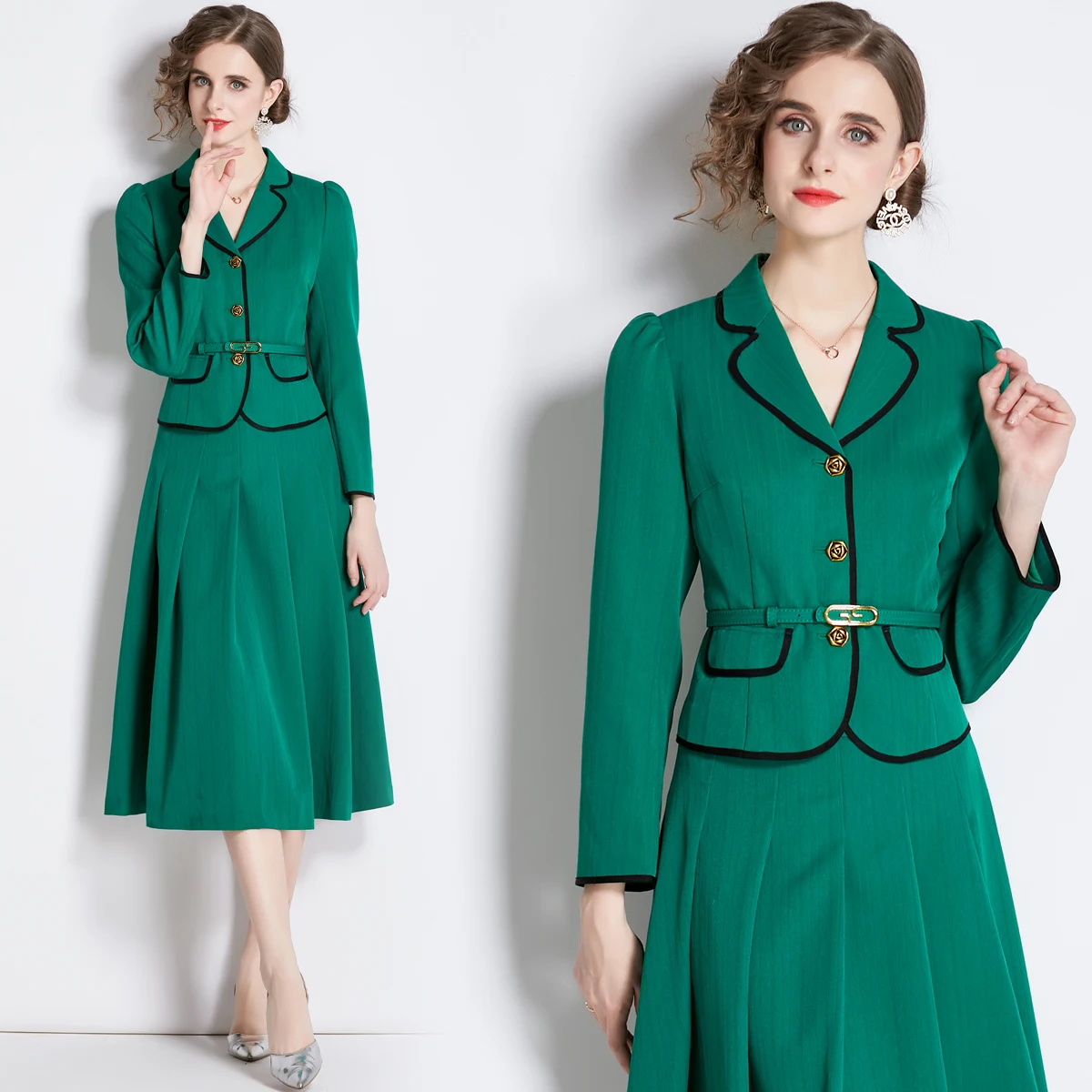 Women\'s Spring jacket 2024 Fashion Single Breasted Slim Fit Small Blazer Coat Vintage Female Outerwear+Skirt Suit Two Piece Sets