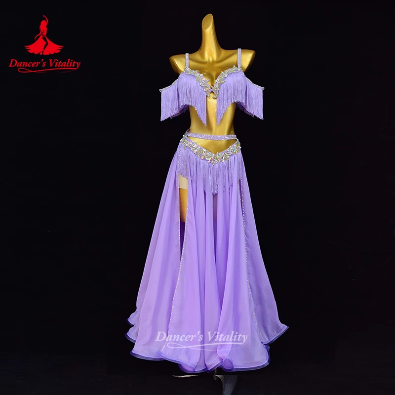 

Элитный индивидуальный комплект для танцовщиц: роскошный костюм для восточных танцев с камнями AB и кисточками для взрослых женщин, для гала-шоу по восточным танцам