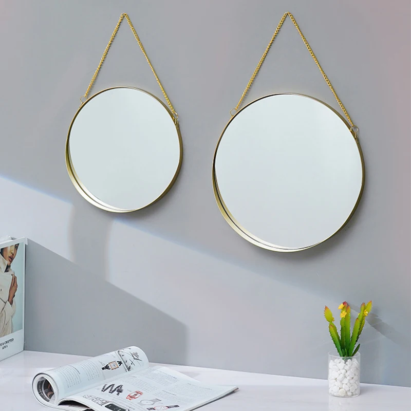 Nordic Round Wall Mounted Mirror with Metal Strap, Hanging Ornament, Salon, Bathroom, Bedroom Decor, Makeup Mirror