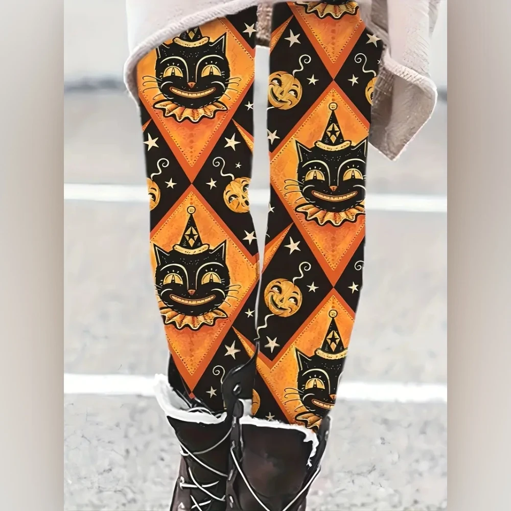 Halloween pumpkin print stretch elastic waist tight women\'s casual leggings festive atmosphere