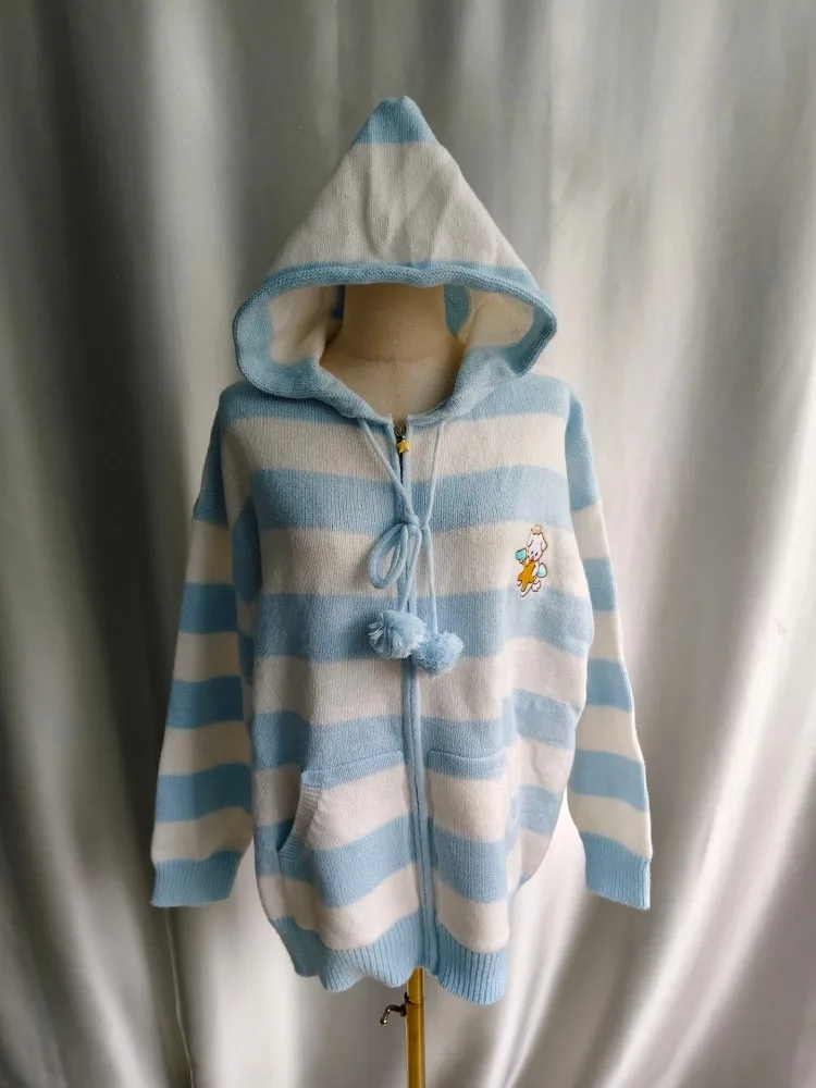 Kimotimo Cute Striped Puppy Embroidery Sweater Coat Women Autumn Winter Casual Zipper Hooded Cardigan Japan Sweet Loose Knit Top