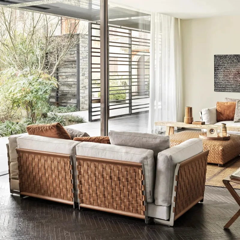 Steel frame woven sofa Italian light luxury leather fabric sofa large flat floor living room straight corner