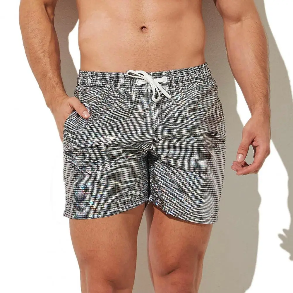 Pantalones cortos de playa con estampado metálico para hombre, Shorts de gimnasio de secado rápido con cordón, cintura elástica, tela suave y