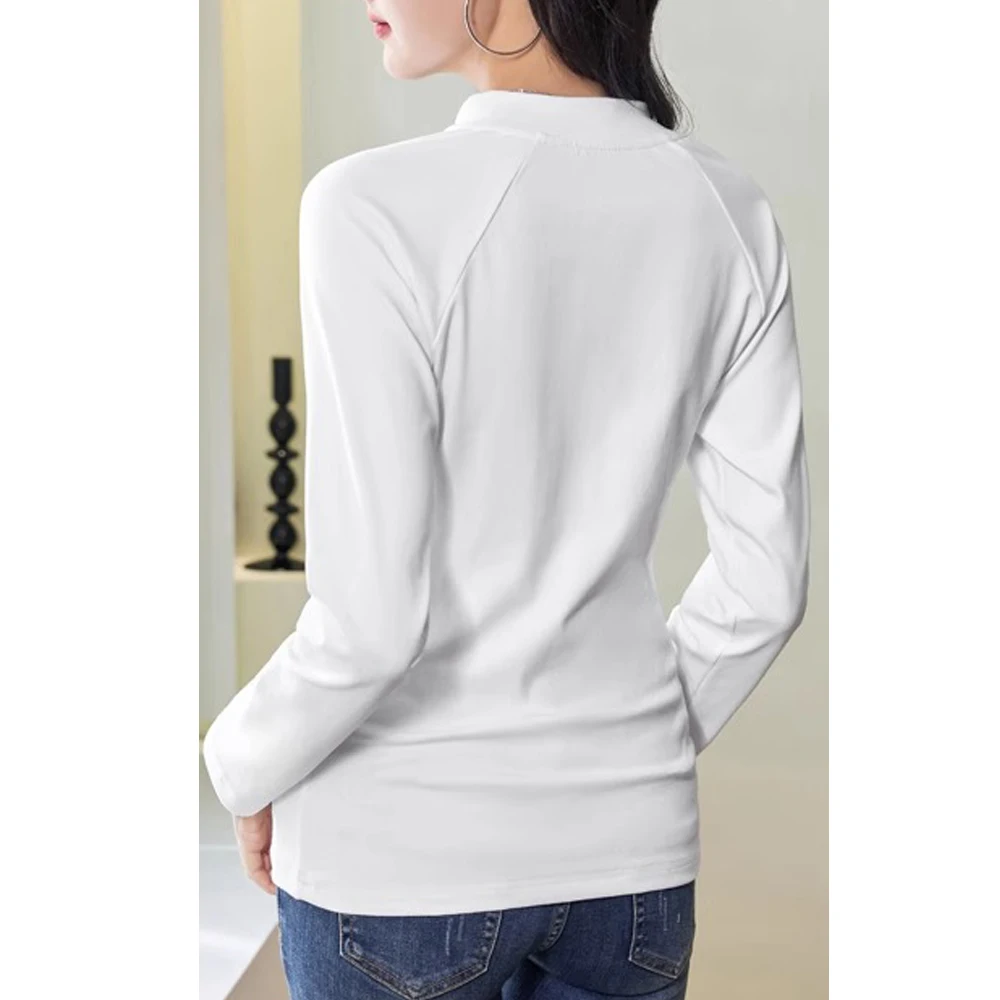 Korean version pure cotton long sleeved T-shirt for women's autumn new high-end fashion plus size casual stand up collar top