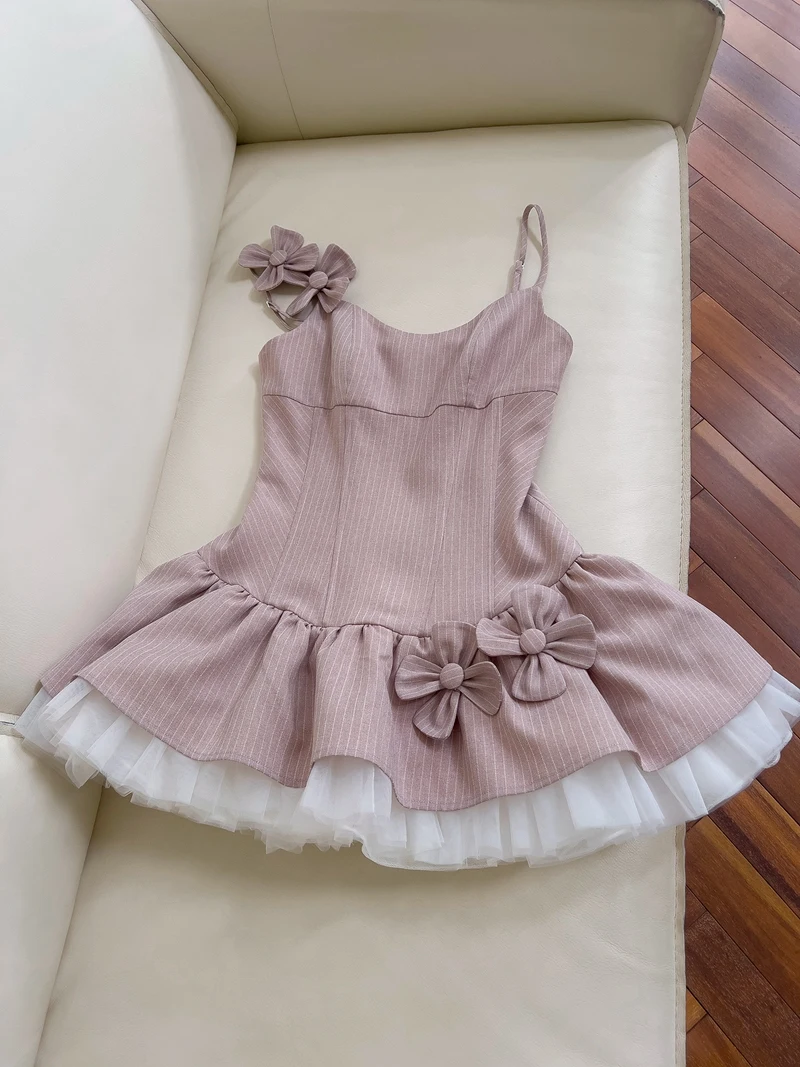 

Retro Pink Princ Sle Lace Splice Holiday Puffy Dr Strapl Gown Sweet High Waist A-Line Skirt for Par Performance