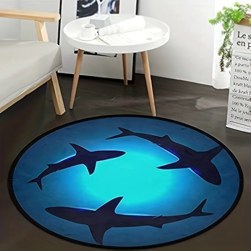 Shark Silhouette Blue Glow Round Rug Flannel Modern Minimalist Floor Mat Ocean Predator Theme 39in Non Toxic Eco Friendly Carpet