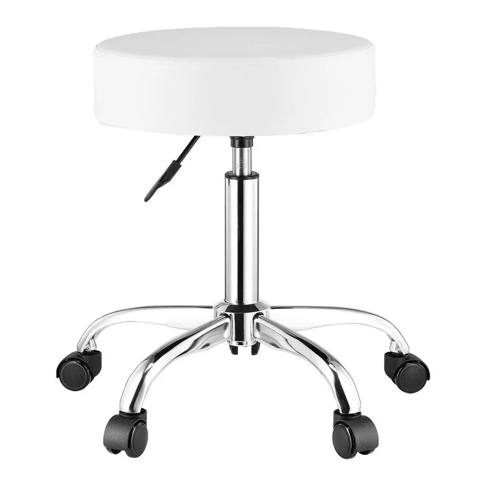 

White Round Rolling Stool Swivel with Wheels Height Adjustable