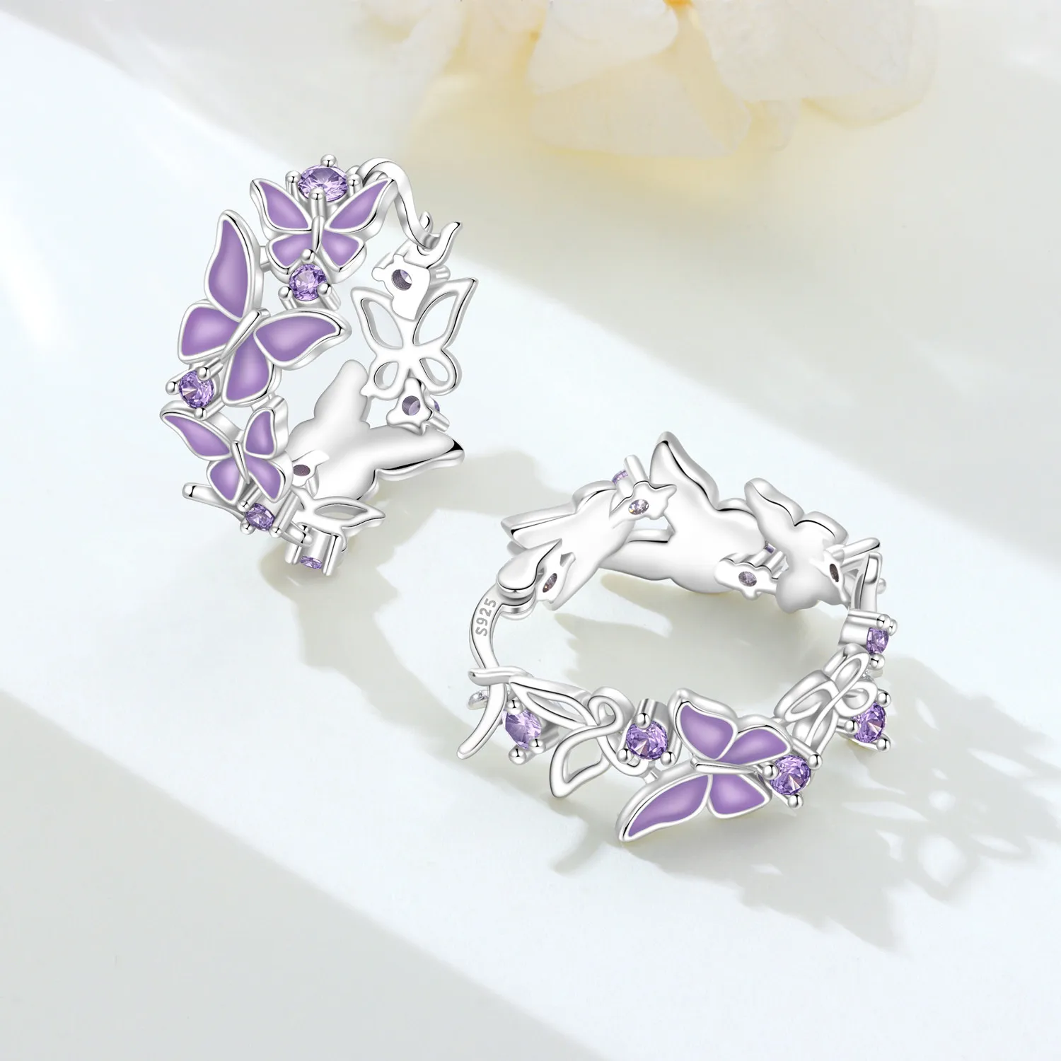 Hapilife S925 Sterling Silver Purple Butterfly Insect Earring Hoop Earrings Women Jewelry Original Party Trendy Anniversary Gift