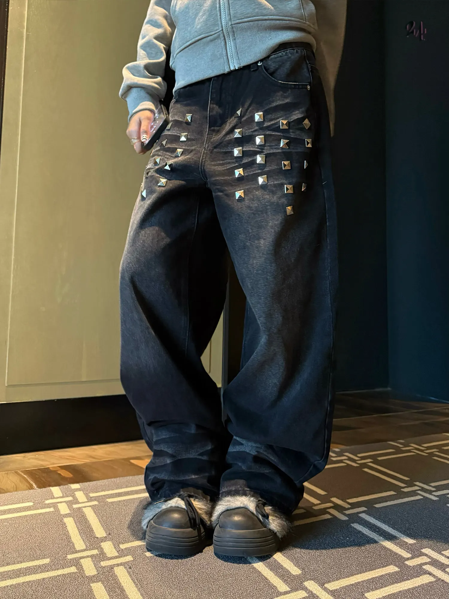 

Ретро-джинсы в стиле американской уличной моды для женщин, широкие брюки в пол с заклепками, джинсы Y2K