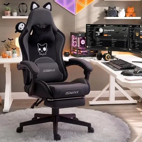 Cadeira Gamer com Orelhas de Gato e Suporte Lombar Massageador, Cadeira Ergonômica para Computador com Apoio para os Pés e Cabeça, Confortável