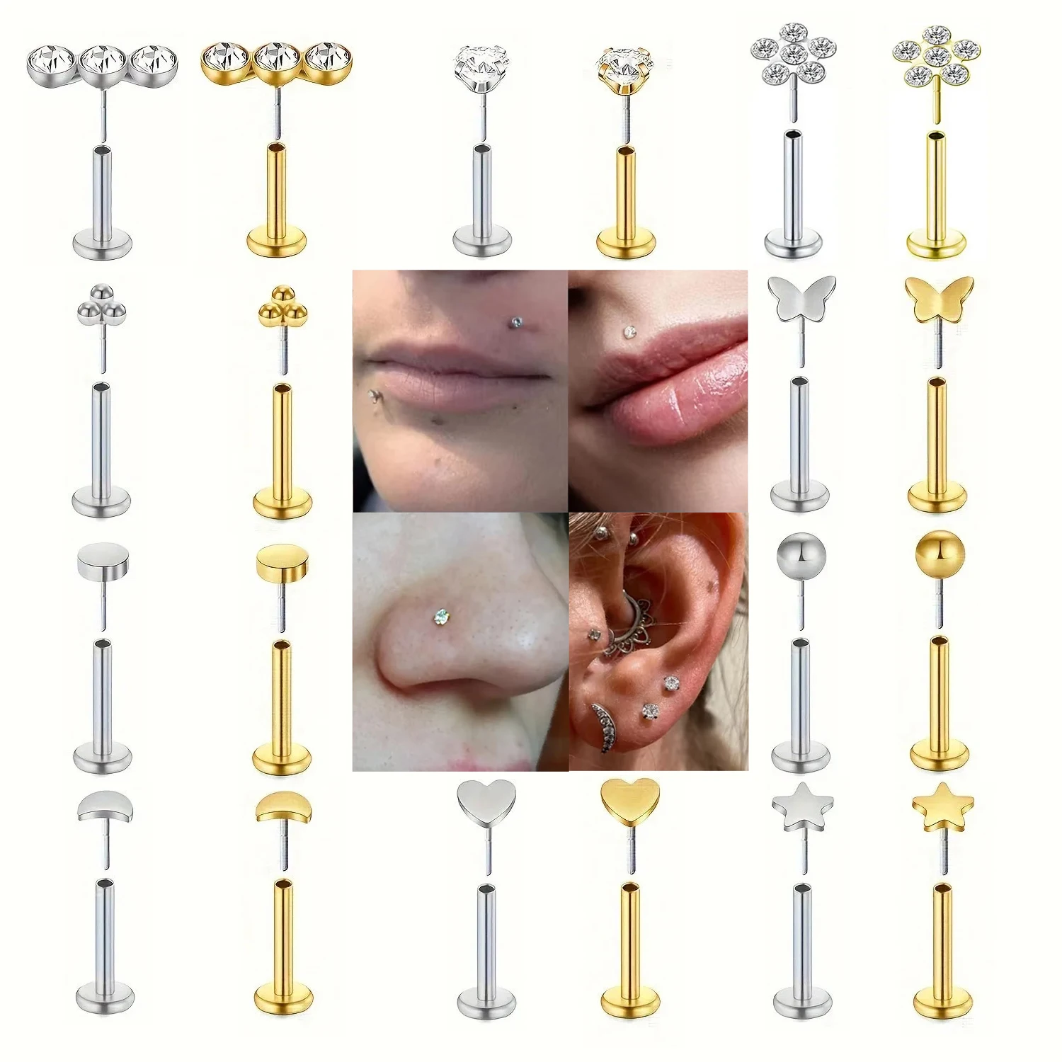 1pc 16G Stainless Steel CZ Lip Labret Ring Flat Back Tragus Helix Cartilage Forward Spiral Earrings Women Men Piercing Jewelry