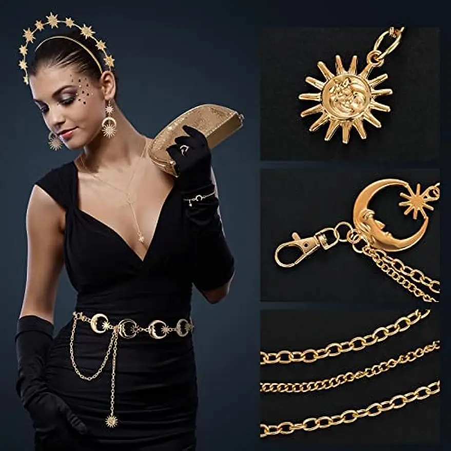 Glenmal 6 Pcs Star Halo Crown Moon Star Headband Necklace Belt Drop Earrings Bracelet Ring Set for Women Boho Bridal Wedding