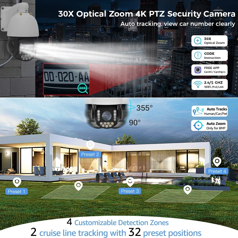 8MP 4K 30X Optical Zoom Security Camera Outdoor WiFi PTZ IP Cameras IR&Color Night Human/Vehicle Detection Auto Tracking &Cruise
