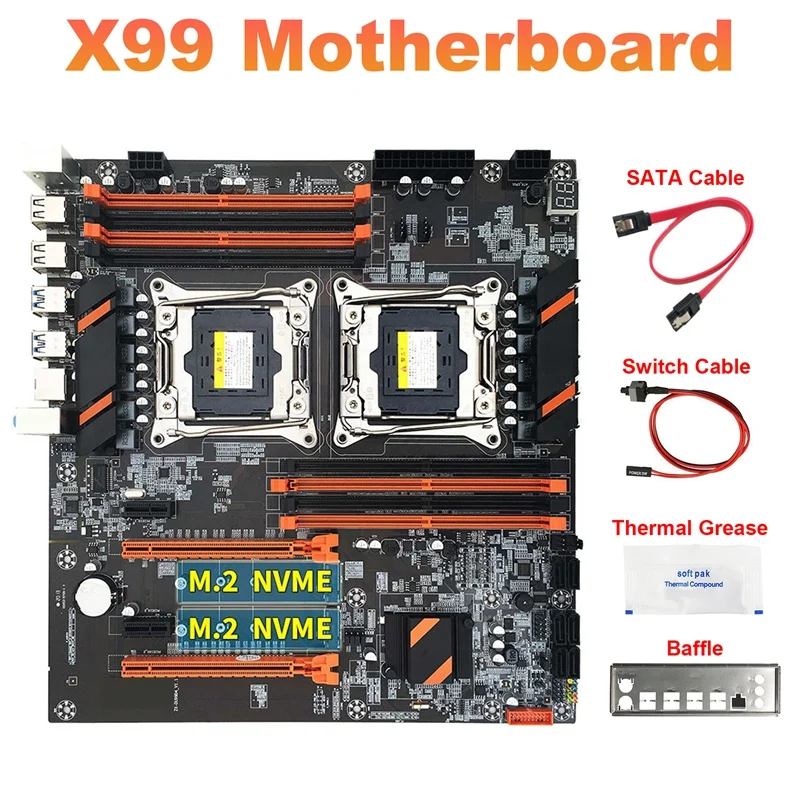 

X99 Dual CPU Motherboard+SATA Cable+Switch Cable+Baffle+Thermal Grease LGA 2011 DDR4 Support 2011-V3 CPU Motherboard