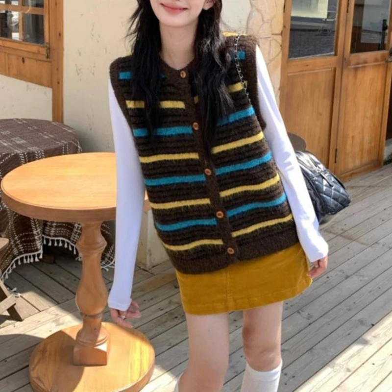 Color Blocking Striped Knitted Sweater Vest 2025 Autumn New Casual Versatile Base Top