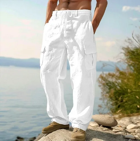 Men's Cotton Linen Blend Cargo Jogger Pants Elastic Waist Drawstring Multi Pockets Casual Breathable Streetwear Trousers for Men