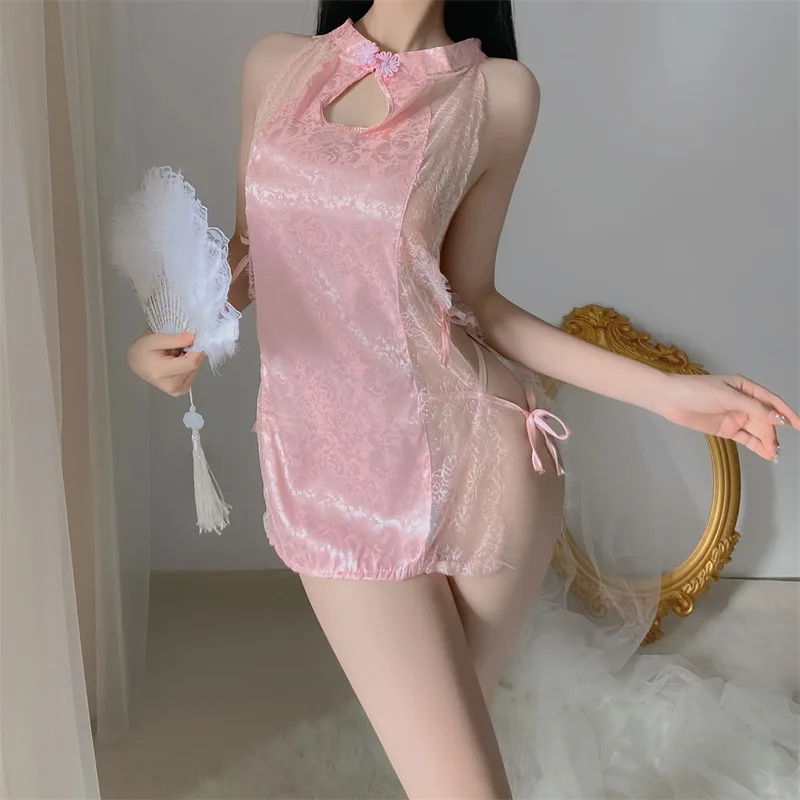 

Sexy Lingerie Retro Cheongsam Skirt Hot Lace Tempting Hollow Pajamas Chinese Traditional Improve Qipao Dress Uniform Pink White