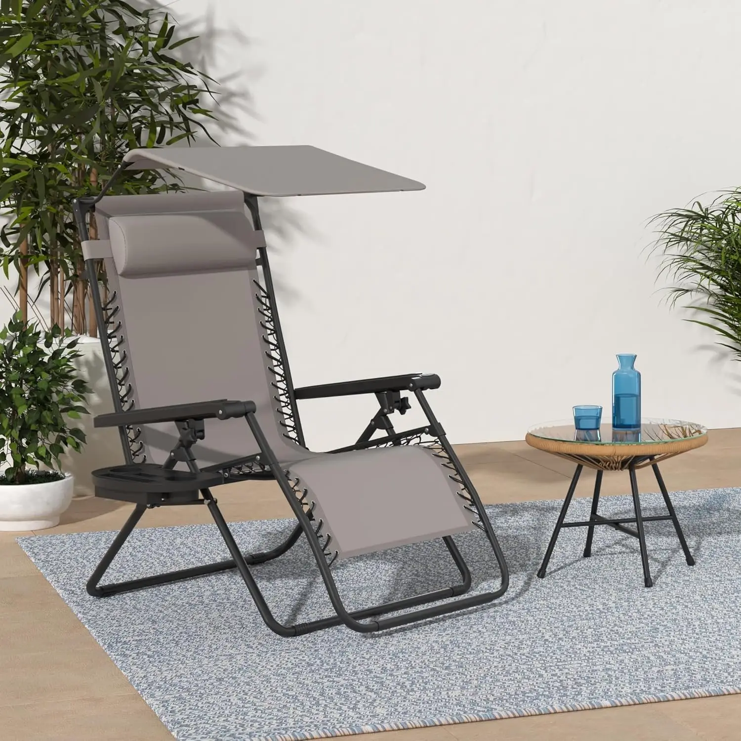 Folding Zero Gravity Recliner   Chair with Adjus  Canopy Headrest Side Tray Textilene Mesh for Outdoor Patio Poolside C