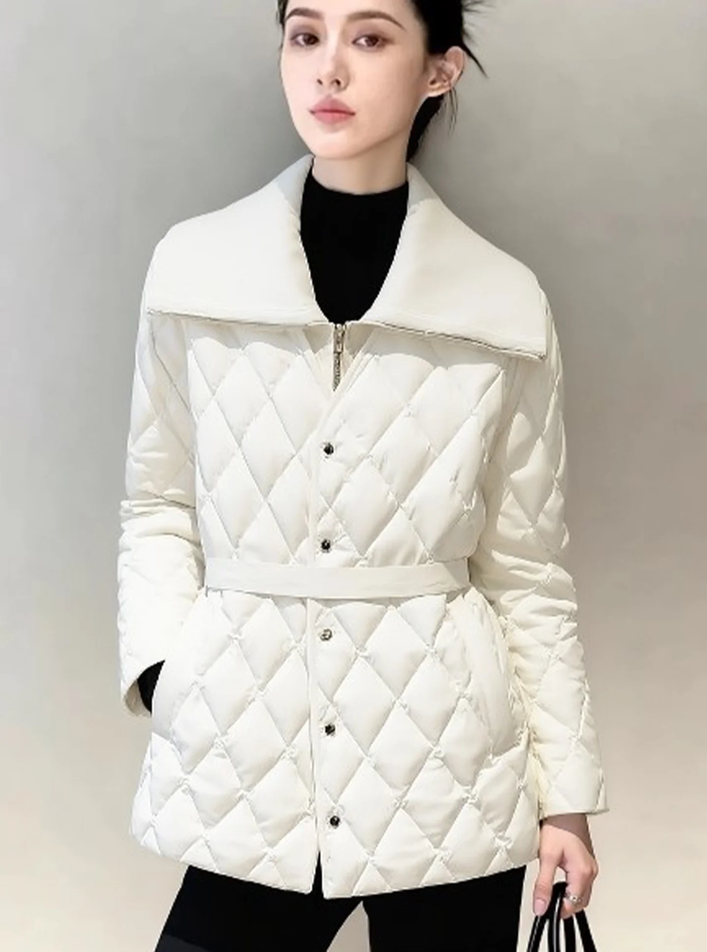 Sli White Diamond Pattern ort Women's down Jaet 2025 New Winter Thi Outerwear Ele Sle Regular Fit Long Sve
