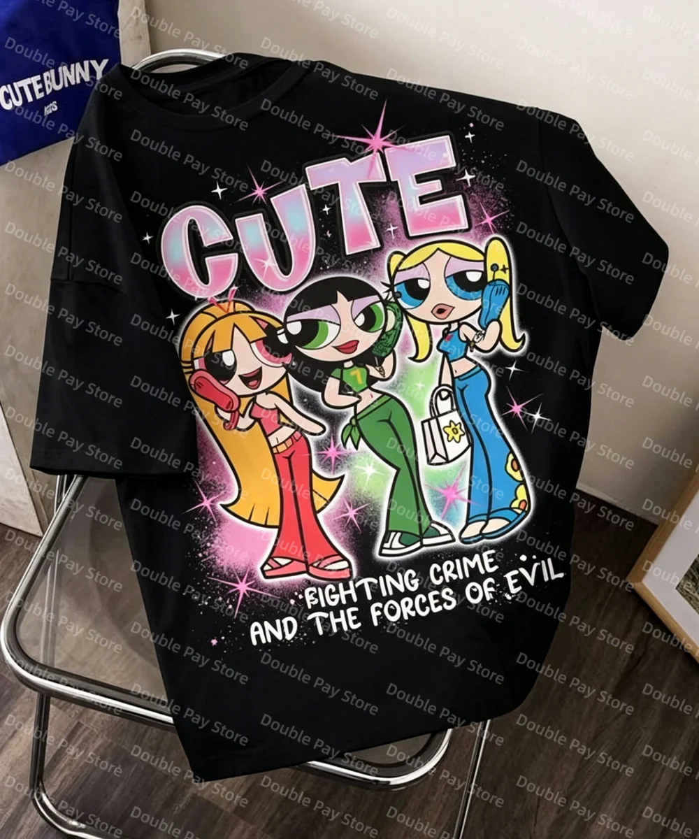 Camiseta feminina fofa de combate ao crime, estética Y2K, plus size, casual, streetwear, tops de verão, camisetas masculinas e femininas