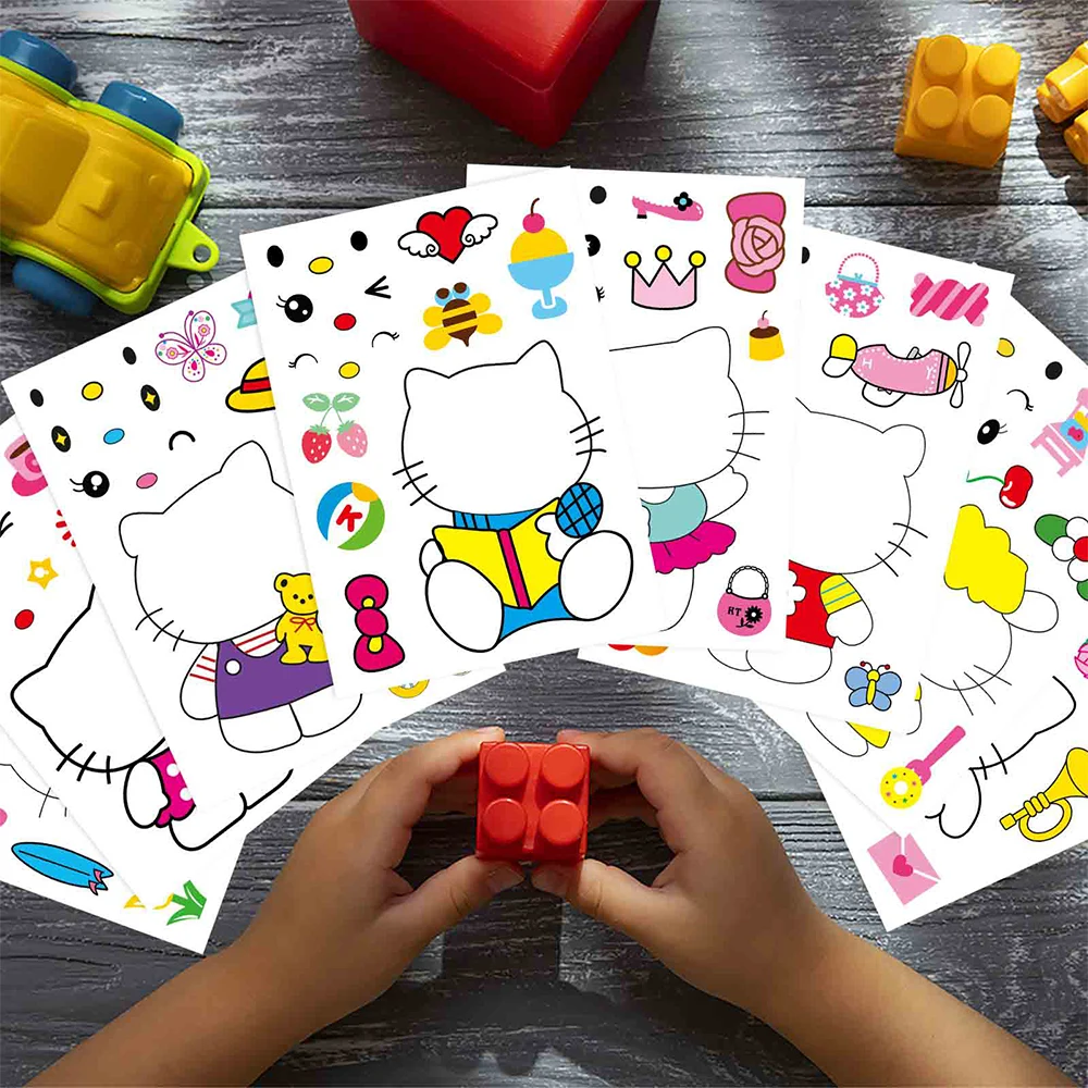 Sanrio Hello Kitty Puzzle Adesivos para Crianças, Jigsaw, DIY Montar Educação, Brinquedos Artesanais, Presentes de Jogos de Festa, Faça um Rosto, 8 Folhas, 16 Folhas