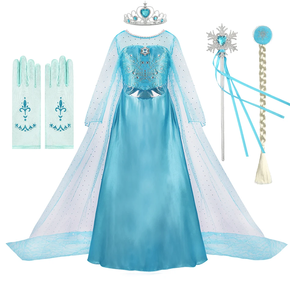 Children Cosplay Dress Girls Snow Queen Princess Costume Kids Elsa Fancy Disguise Girl Halloween Party Long Dress Floor Length