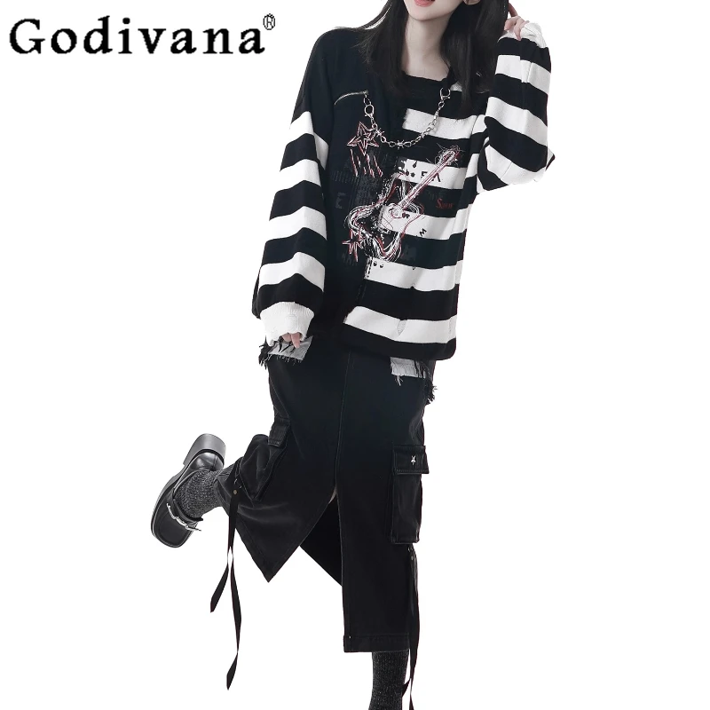 여성 일본 의상 스트라이프 비대칭 디자인 가을 겨울 스웨터 슬림 데님 스커트 세트 여성용 블랙 로리타 세트