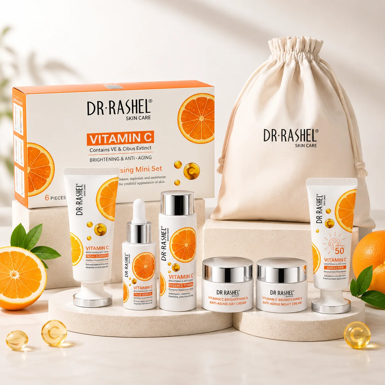 6-teiliges DR RASHEL Vitamin C Creme Serum Sonnenschutz Aufhellendes Anti-Aging Hautpflege Mini-Set für Frauen – Detail 1