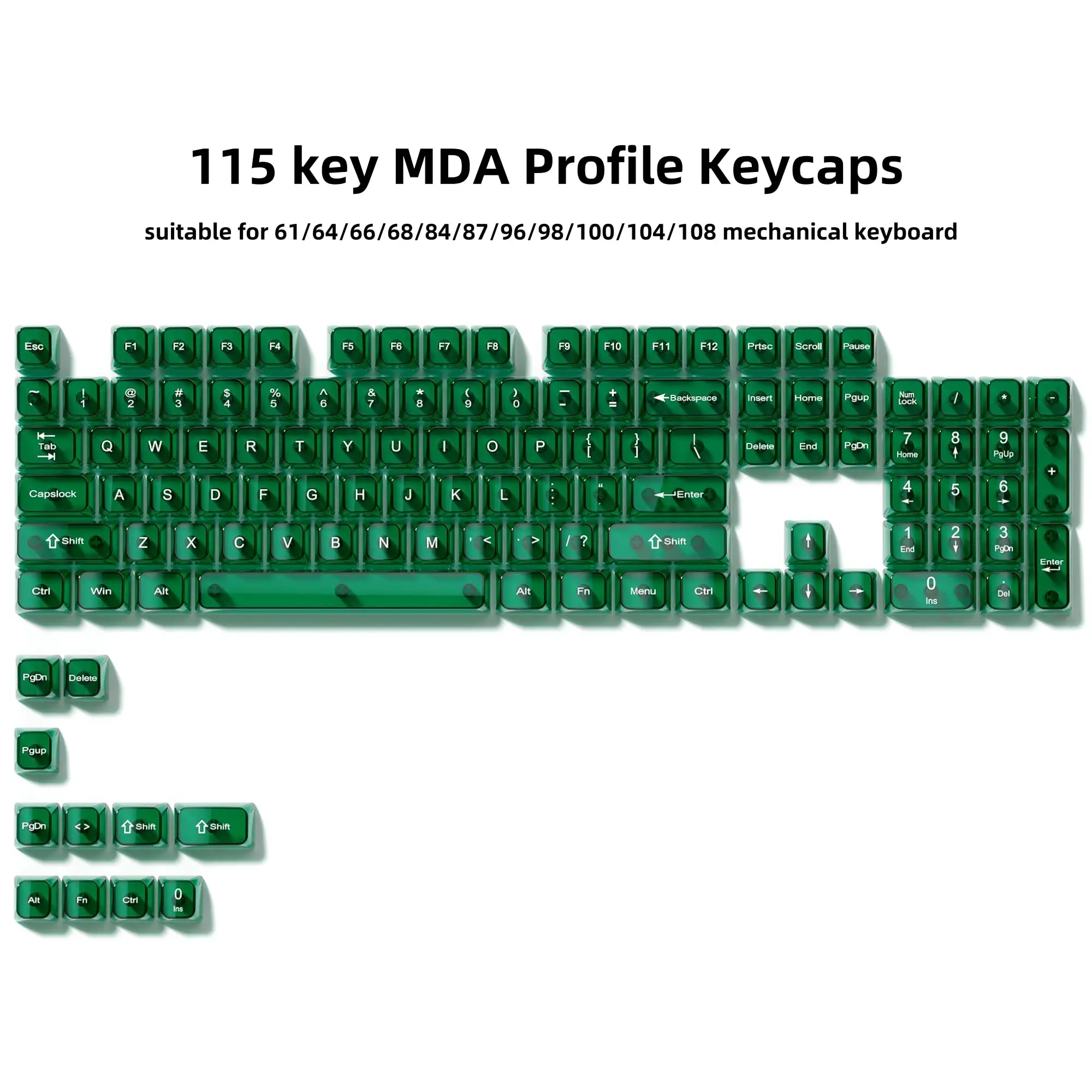 115 Keys MDA Profile Ink Green Full Transparent PC Keycaps UV-printed RGB Backlit Clear Keycaps for MX Switches Gaming Keyboard