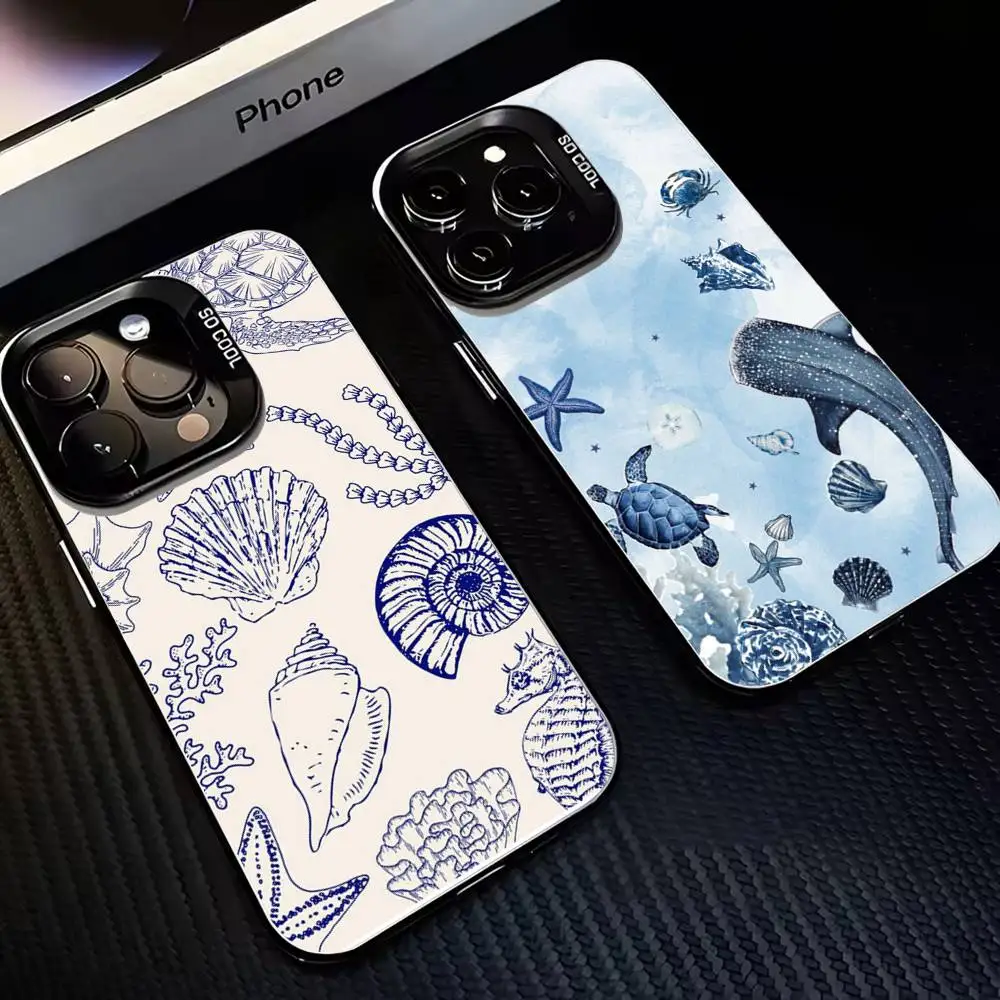

Seashell Marine Life Artwork Phone Case For iPhone17,16,15,14,13,12,11 Plus,Pro Max Black Matte Shockproof Cover