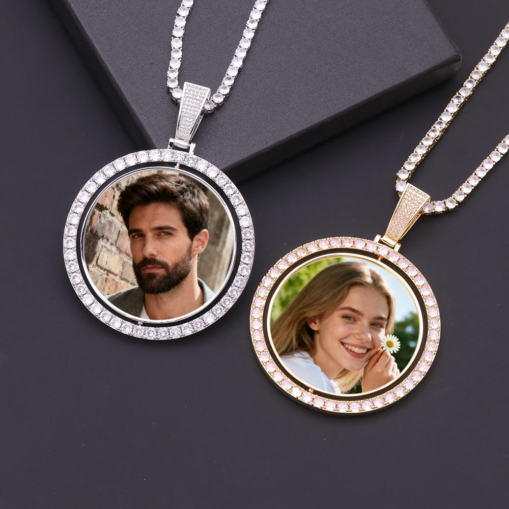 

68mm Hip Hop Rotation Double Side Photo Frame Iced Out XL Spinning Memory Necklace Sublimation Picture Pendant with Tennis Chain