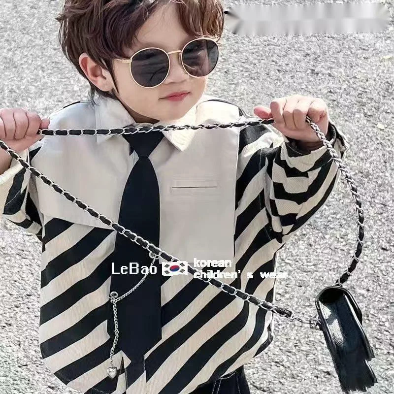 Boys Spring And Autumn Two-piece Set 2024 New Handsome Black And White Stripe Shirt Pants Children\'s Clothes Fashion Suits