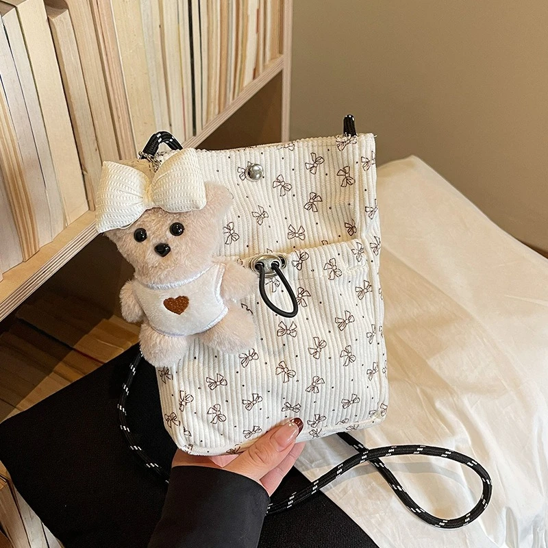 Corduroy Crossbody Bag Soft Mini Phone Wallet Cute Bow Print Square Shoulder Bag Crossbody Purse Phone Purse Messenger Bag