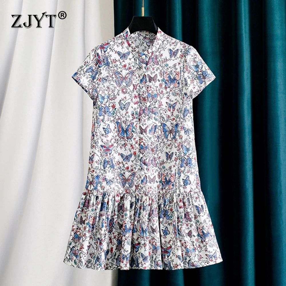 

ZJYT Summer Fashion Butterfly Print Loose Shirt Dress Blue Women Short Sleeve Single Breasted Casual Daily Vintage Dresses 2025