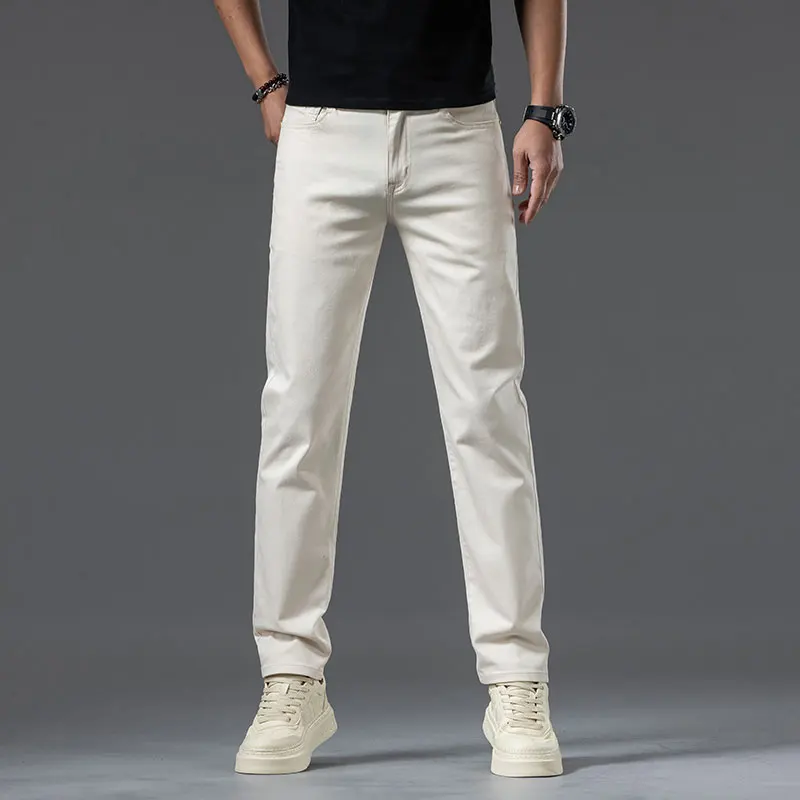 2024 Nieuwe Zomer Heren Dunne Roomwitte Jeans Klassieke Stretch Rechte Denim Broek Zakelijk Mode Katoenen Broek Mannelijk Merk