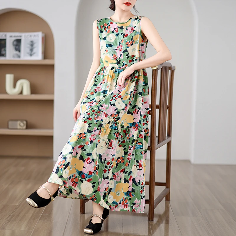 새로운 플러스 사이즈 플로럴 맥시 드레스, 엠파이어 웨이스트 A라인 스커트, 슬림 하이웨이스트 와이드 헴 드레스 (통통한 여성용)