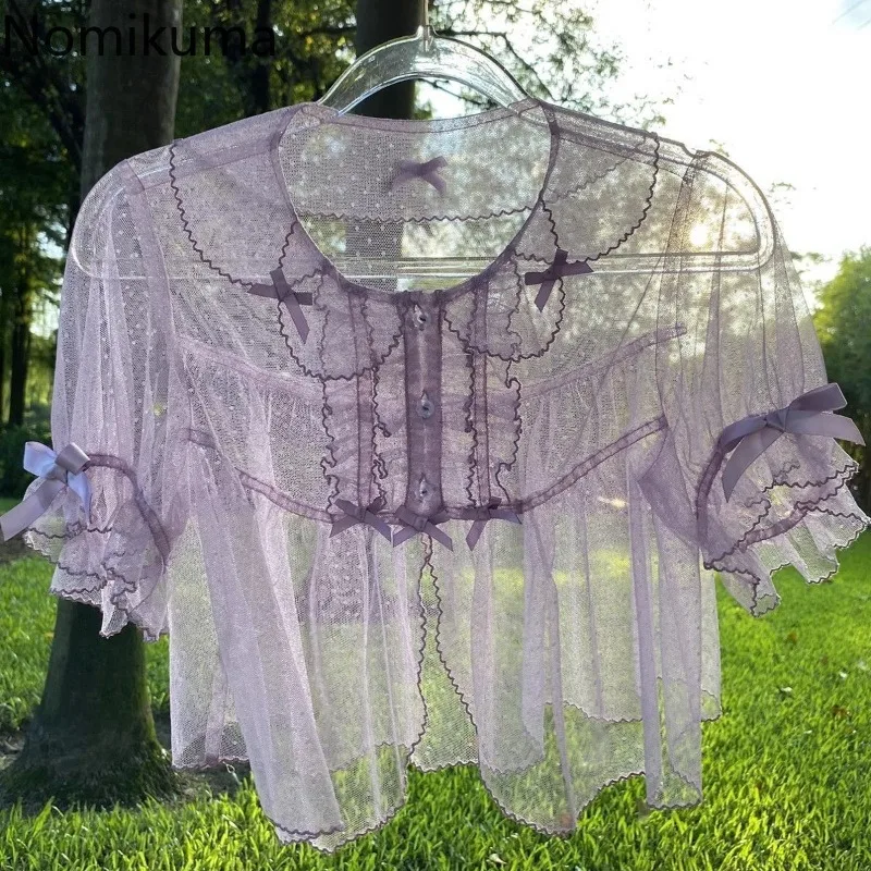 

Summer Blouse Women's Clothes Crop Tops 2025 Blusas Mujer De Moda Lolita Style Sweet Shirts Bow Short Sleeve See Through Blouses