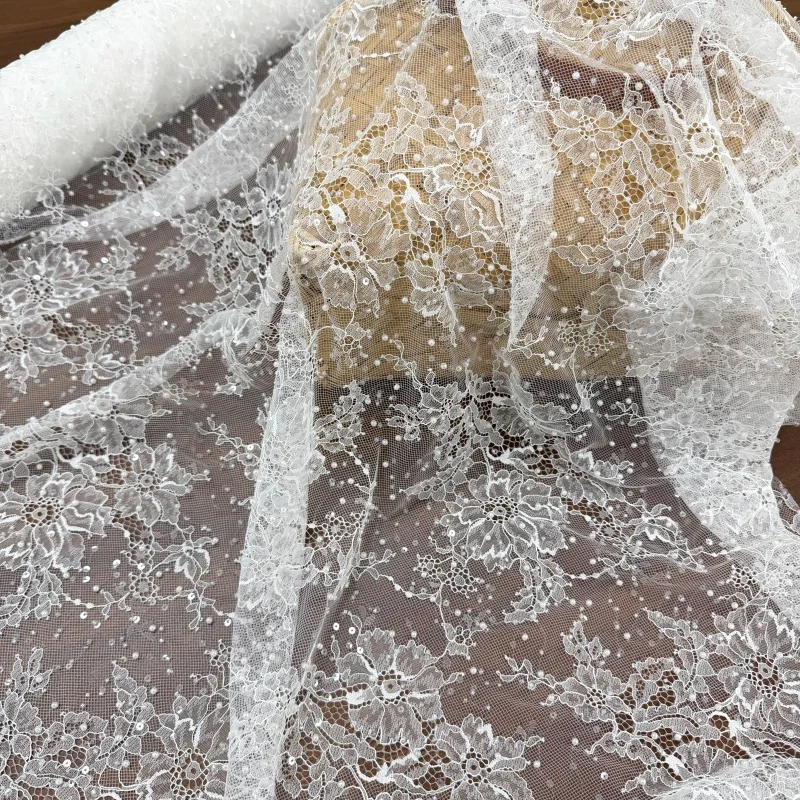 3D Beaded Transparent Sequin Lace Fabric Premium Craft Accessory for High End Custom Wedding Dress and Formal Gown Design
