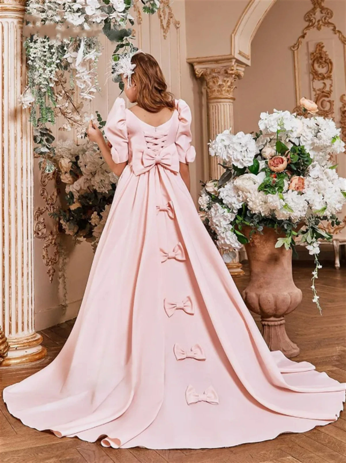 فستان فتاة الزهور الوردي لحفلات الزفاف من الساتان بطول الأرض مع فيونكة فستان حفلة عيد ميلاد الأميرة للأطفال الأول حسب الطلب #1
